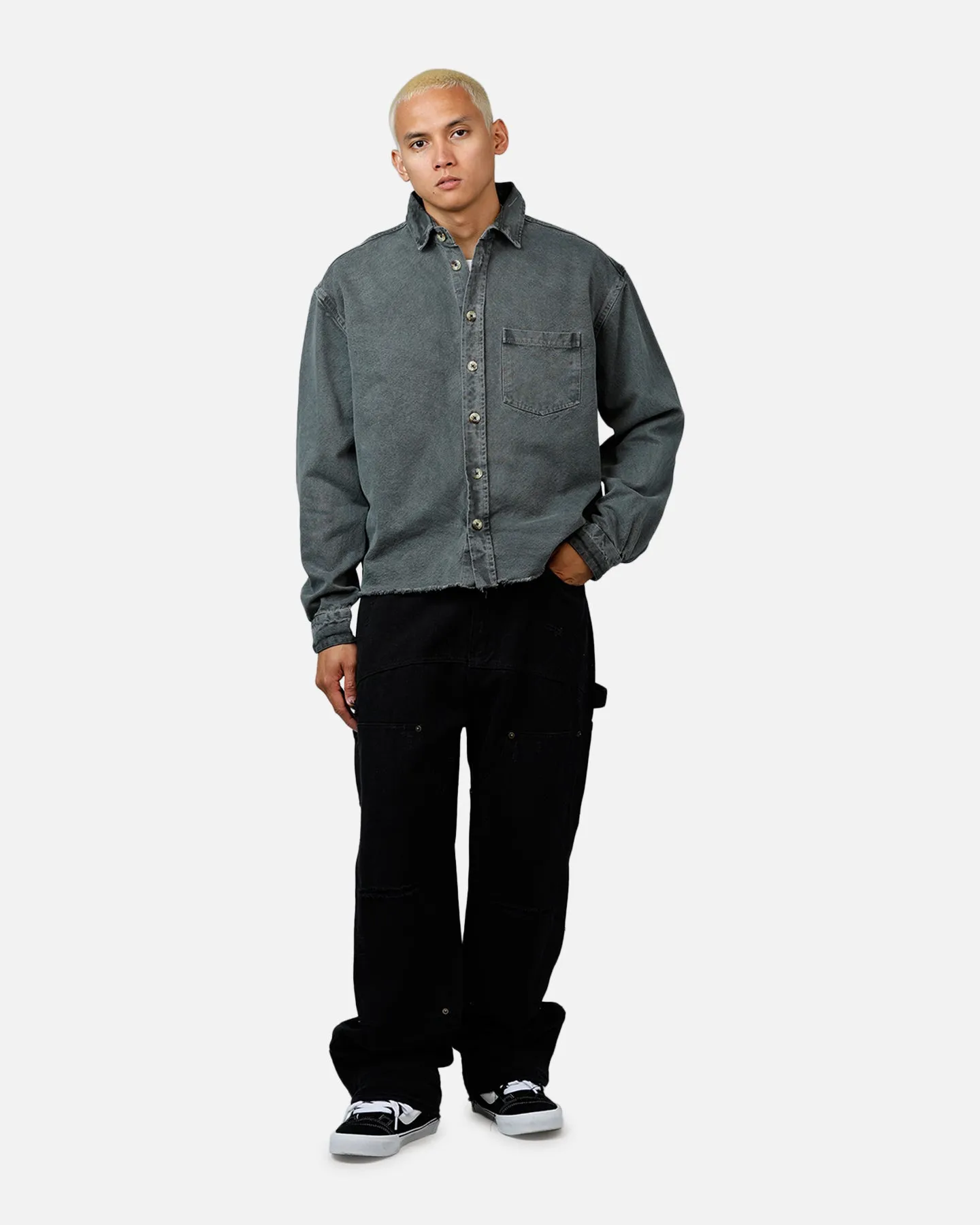 MNML Washed Denim Long Sleeve Button Up Shirt Washed Black